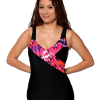 Mock Surplice Swimsuit with 3 button adjustable straps.  Comes in sizes: 4-20 misses.