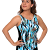 Printed Draped Tanked Swimsuit (no adjustable straps).  Comes in sizes: 4-20 misses.
